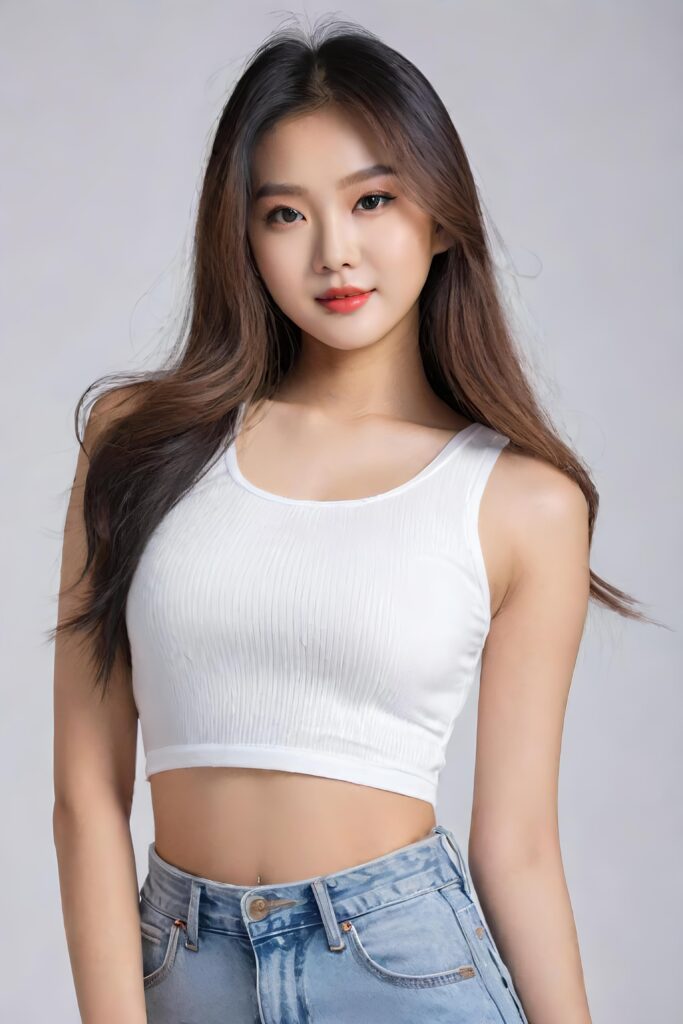 super realistic, detailed portrait, a beautiful young busted girl with long hair, looks sweetly into the camera. She wears a white crop top, perfect curved body