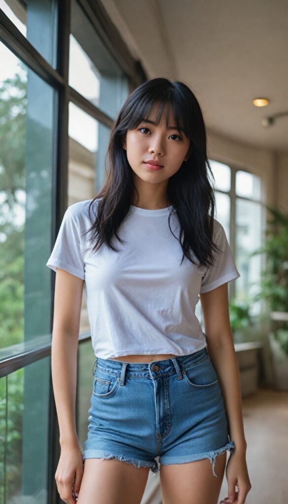 (full body view) of (cute) (elegant) (attractive) (long, messy, straight hair) (stunning) a beautifully realistic, cinematic lights, (Korean teen girl), bangs haircut, detailed black hair, realistic detailed angelic face, (realistic detailed brown eye) looks sadly at the camera, portrait shot, perfect curved, wears a short tight (white t-shirt) made on thin silk, super short jeans pants, perfect anatomy, side perspective