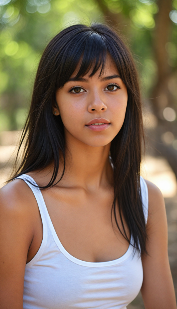 a beautifully close-up portrait (brown-skinned young well busty teen girl) with softly (straight black hair) framing her face in side bangs, full lips, (full body), she wears a white tank top, perfect curved body, in a dessert