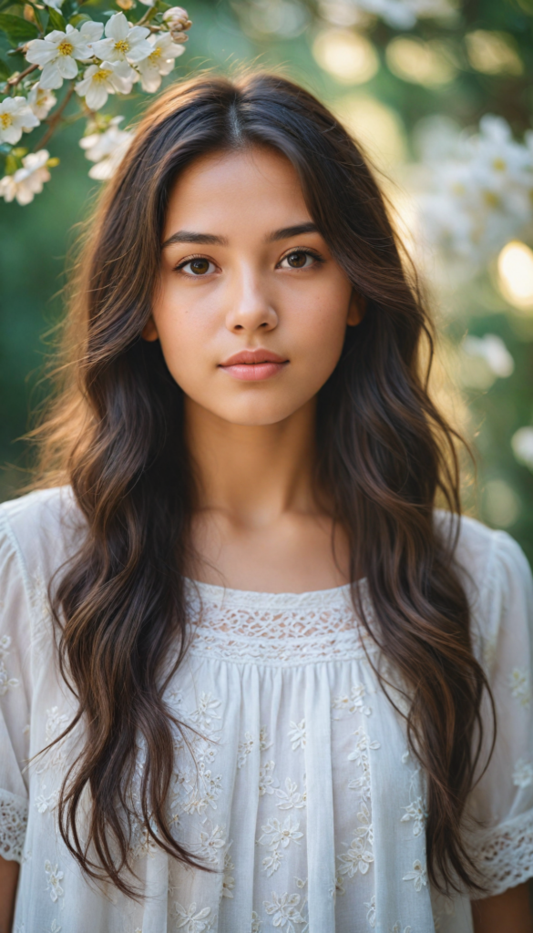 a hyper-realistic, intricately detailed portrait of a captivating young girl with cascading, silky hair that shimmers under soft, natural light. Her gentle gaze meets the viewer's eyes, radiating warmth and innocence. She is adorned in a whimsical white crop top embellished with delicate floral patterns, set against a dreamy pastel background that evokes a sense of serenity and youthfulness. Subtle hints of bokeh add a magical touch, enhancing the overall enchanting atmosphere of the scene.