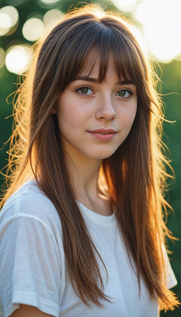 a detailed and realistic photo from a (cute) young girl (long, messy straight auburn hair, bangs), (stunning), (gorgeous), beautifully realistic, cinematic lights, realistic detailed angelic round face, (realistic detailed amber eye) looks happy at the camera, perfect curved body, (wears a super short tight (white t-shirt)), perfect anatomy, side perspective, against a sunny green backdrop