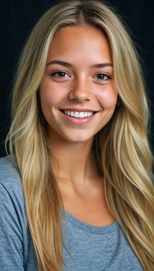 a stunning and gorgeous detailed, realistic portrait from a beautiful young happy tanned girl, long straight soft blonde hair, (grey crop top), black backdrop