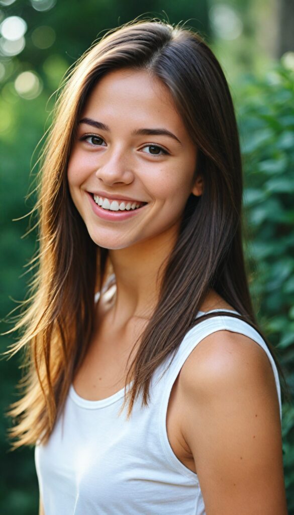 a breathtakingly detailed and hyper realistic (professional photograph) of a young teen girl with straight, silky jet brown soft hair cascading down her shoulders, round face, full lips, smile, white teeth despite its perfect length and texture suggesting advanced age, paired with a minimalist (white short sleeve tank top)