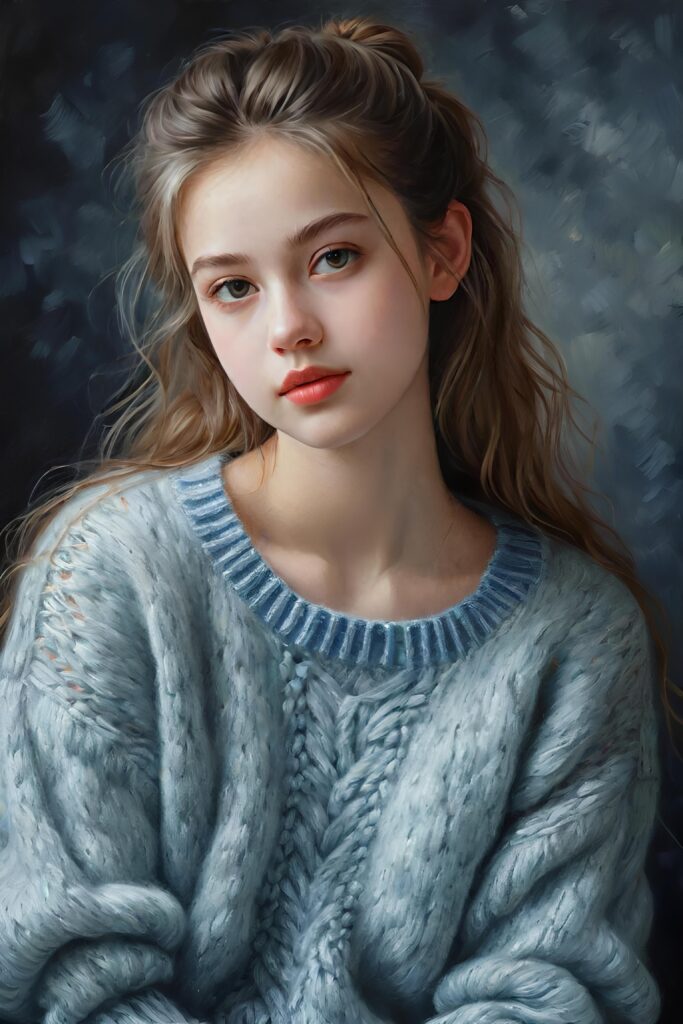 super realistic, detailed, ((gorgeous)) ((stunning)) cute young girl, full portrait, 18 years old, oil painting style, thin wool sweater