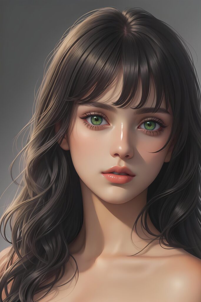 ((gorgeous)) ((stunning)) ((portrait)) masterpiece of teen girl detailed face with green eyes, black wavy hair, bangs cut