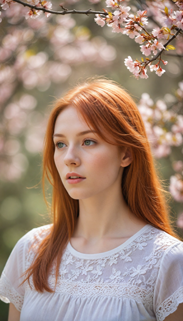 close-up portrait, a whimsical scene featuring a serene red-haired teen girl with straight hair flowing gently in the breeze, dressed in a delicate light pink, fitted t-shirt adorned with subtle lace details. She is posing, surrounded by blooming cherry blossom trees, with petals drifting gracefully around her. Her expression radiates innocence and curiosity as she gazes at a brightly colored butterfly that flits nearby, capturing the essence of a dreamy spring afternoon, reminiscent of a watercolor painting in the style of Claude Monet.