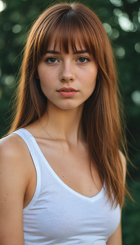 super realistic, 4k, detailed face, cute petite teen girl, long auburn straight hair, bangs cut, wear a white short tight cropped tank top with deep v-neck, looks at the camera, portrait shot