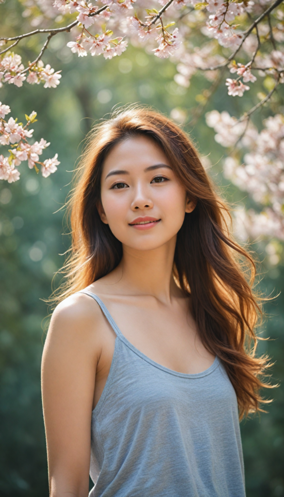 a captivating portrait of a young Japanese girl with flowing long hazelnut hair cascading gracefully over her shoulders, framed by soft cherry blossom petals gently falling around her. She has a warm, inviting smile that lights up her natural beauty. Dressed in a stylish grey tank top that complements her perfect, graceful curves, the image captures a dreamy, sunlit atmosphere, reminiscent of a soft pastel painting, blending elements of Impressionism and contemporary portraiture. The background features a subtle watercolor wash, enhancing the tranquil scene.