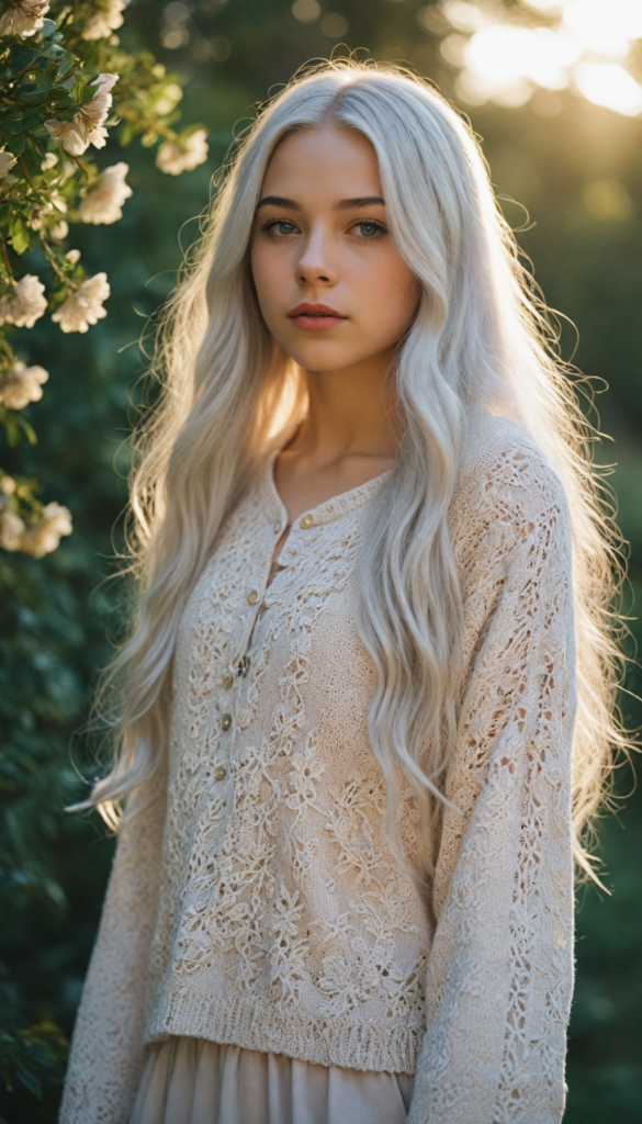 a whimsical young teen girl with cascading long straight white hair, wearing an exquisitely detailed super fine wool sweater adorned with intricate motifs, set against a dreamy pastel landscape; the scene is bathed in soft golden sunlight, evoking a magical, fairy-tale aura, in the style of classic children's book illustrations combined with a touch of contemporary realism.