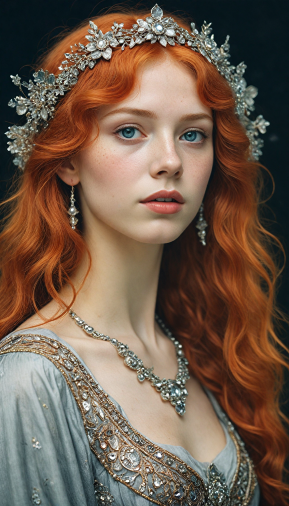 (ethereal portrait), intricately detailed pencil drawing, a silvery-skinned (young teen girl) with cascading, fiery-red hair illuminated by an otherworldly glow, her eyes reflecting the cosmos, adorned with delicate silver jewelry that twinkles like stars, set against a deep, velvety black background that enhances her luminous presence, reminiscent of the works of Alphonse Mucha and Gustav Klimt