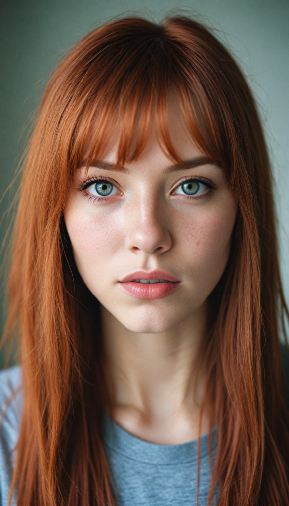 a stunningly detailed (photograph) representing a (girl) with intricate, realistically drawn features like dynamically detailed straight long flowing red hair with bangs framing her face, full lips, eyes looking seductively with mouth slightly open, striking realistic and detailed eyes all against a sophisticated, softly lit (background) where she wears a modern minimalist grey t-shirt