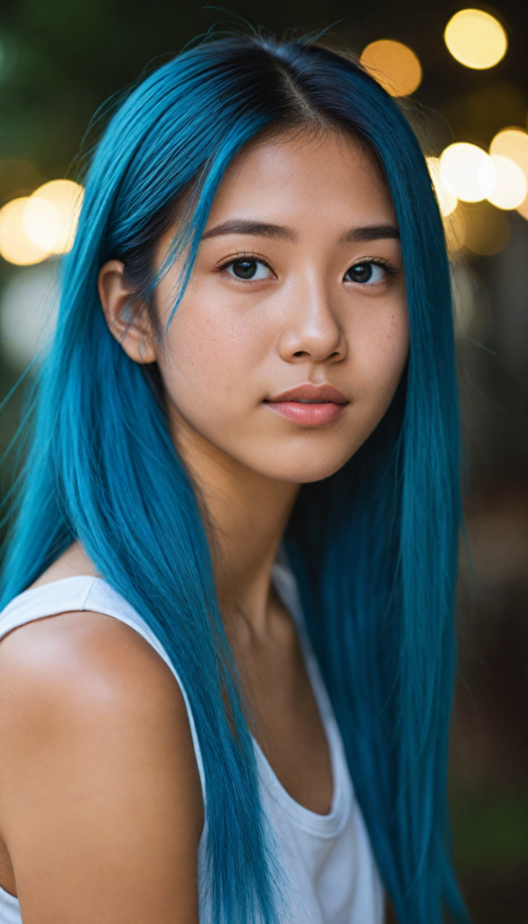 super realistic, detailed portrait, a beautiful young Asian girl with long blue soft straight detailed hair looks sweetly into the camera, realistic beautiful round eyes, she wears a white tank top, side view