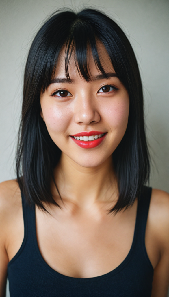 a (detailed and perfect portrait) of a (beautiful young cute Korean girl, warm smile, perfect body), round head and eyes, full red lips, with (very long, straight soft jet black hair), bangs cut, wearing a deep neckline cropped tank top