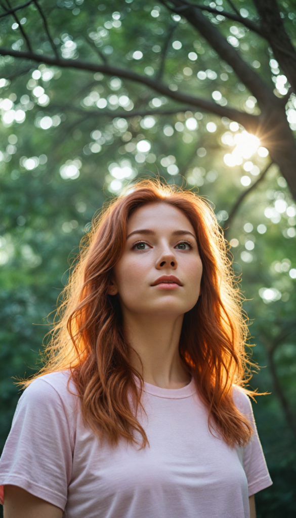 (upper body portrait) a whimsical scene featuring an innocent red-haired teen girl with straight, flowing hair, wearing a soft, ethereal light pink t-shirt that gently billows in the breeze. She stands in a sun-dappled forest glade, surrounded by softly glowing fairy lights, her bright eyes sparkling with curiosity and wonder, as beams of sunlight filter through the lush green canopy overhead, creating a magical, dreamlike atmosphere.