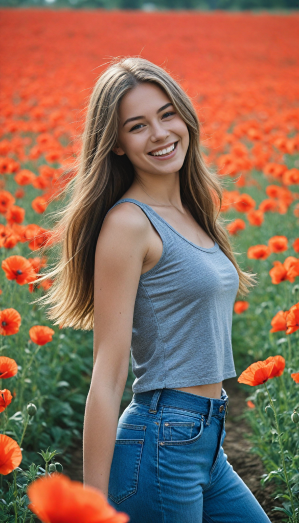 a (teen girl) with a gleeful and sunny smile, wearing a sleek and form-fitting short grey cropped tank top that accentuates her flawlessly proportionate figure, paired with jeans, captured in a (photo shoot), with long, shiny hair flowing around her face under (dramatic lighting) (in a poppy field)