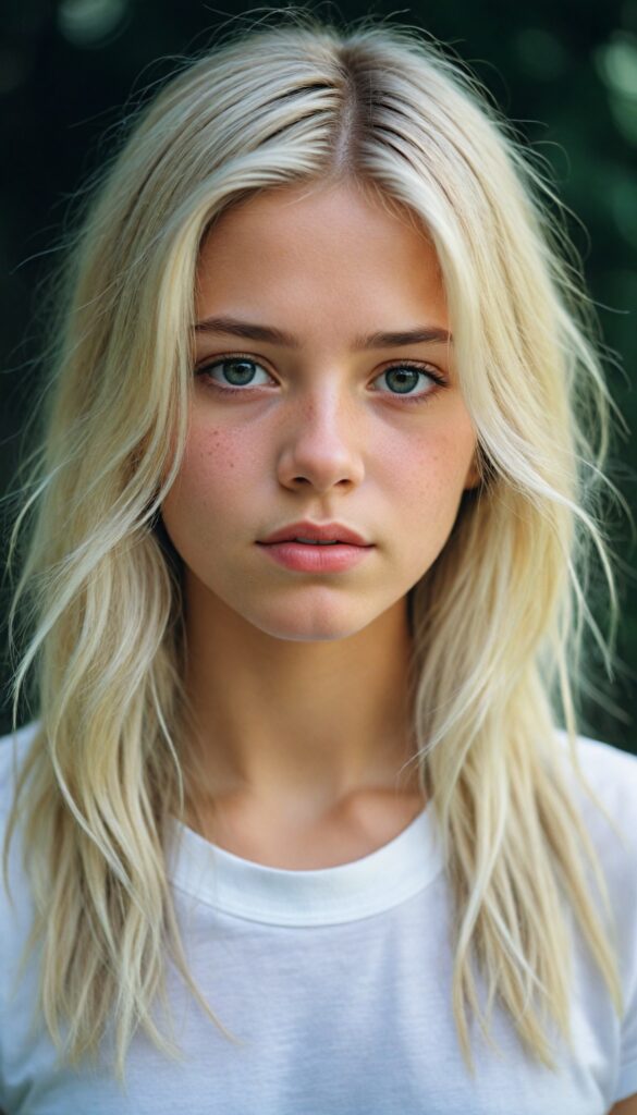 a breathtakingly detailed and hyperrealistic (professional photograph), portraying an intensely sorrowful expression on the face of a young girl with luxuriantly flowing, untamed, straight, silky white blonde hair cascading down her shoulders, despite its perfect length and texture suggesting advanced age, paired with a minimalist (white short sleeve T-shirt)