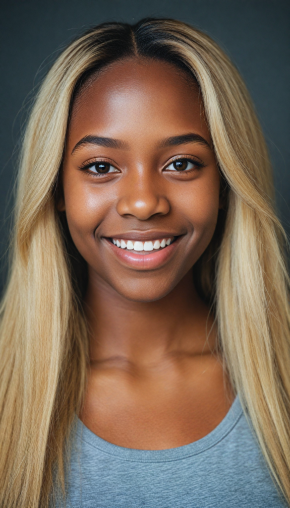 (portrait) (stunning) detailed, a beautiful young happy melanin girl, long straight soft blonde hair, (grey crop top)