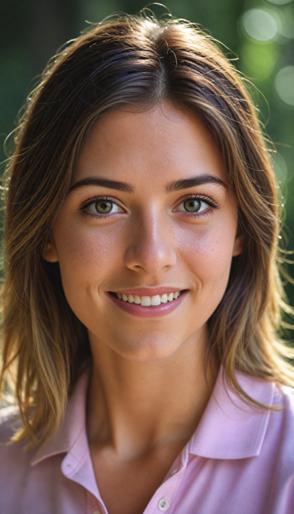 a (cute) (detailed and realistic) (young adult) (female) with long, flowing, voluminous, dark brown hair featuring blonde highlights, large, detailed and matching eyes, wearing a (thin form-fitting plain pink polo shirt), (tanned skin), (gorgeous), (stunning), (model), (smiling), (looking into the camera), (wearing only skin), (completely covered), (alluring pose), (sunlight catching her hair), (face illuminated), (looking into the camera)