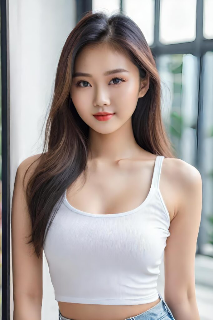 super realistic, detailed portrait, a beautiful young busted girl with long hair, looks sweetly into the camera. She wears a white crop top, perfect curved body