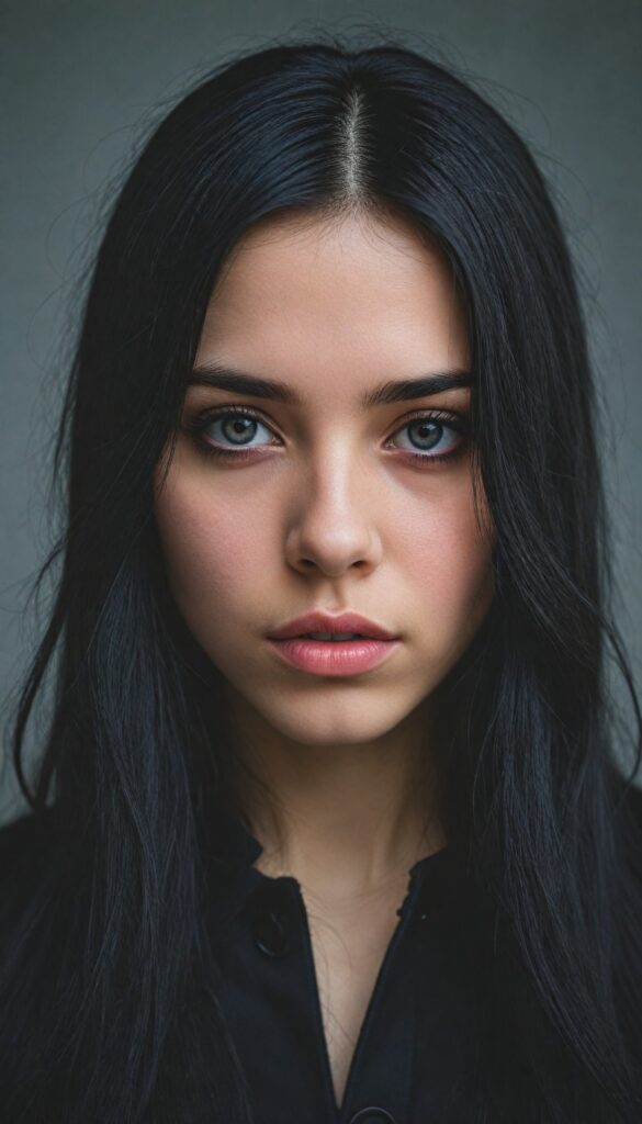 a (breathtakingly realistic portrait), (dark fantasy concept) featuring a beautifully drawn close-up of a young gothic teen girl with exquisite facial features and striking black eyes, long straight fine black hair, dressed in a (black coat), (grey background)