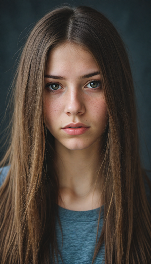 a (stunningly drawn teen emo girl) with (incredibly long, soft brown straight hair), framed by a (vividly gray backdrop), tears streaming down her face, reflecting a (sad expression) that suggests the weight of the world resting on her shoulders, amber eyes