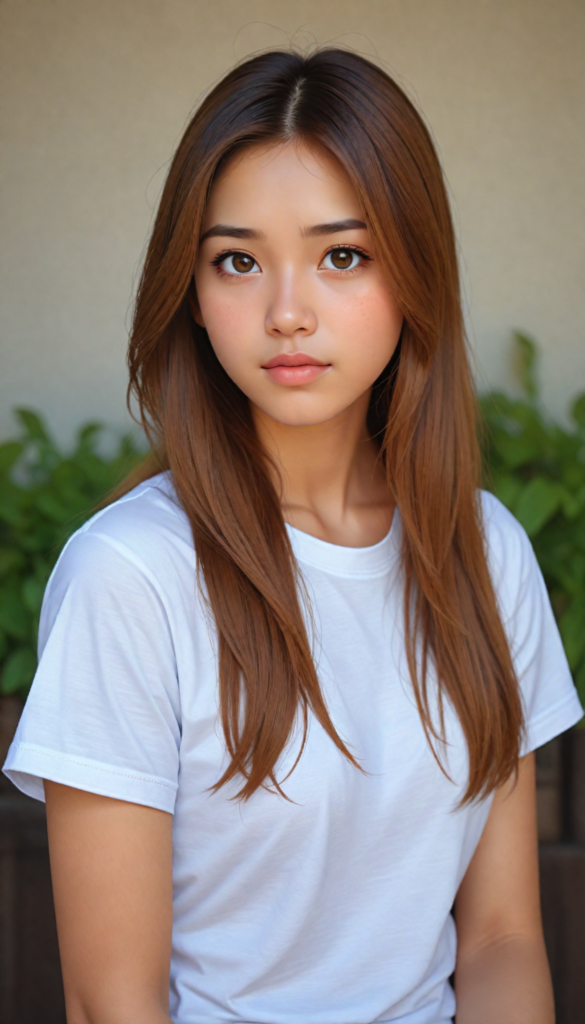 a stunningly elegant and cute Asian teenage girl with long, straight hazelnut hair, with a (realistically detailed angelic round face) and (realistically detailed hazelnut eyes) looking pensively at the camera, wearing a (super short, tight white t-shirt)