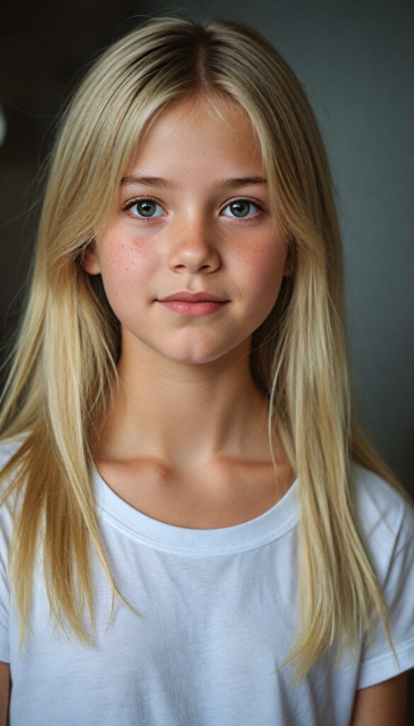 detailed and super realistic photo: a cute young girl with long, soft blond hair, she wears a plain short white t-shirt