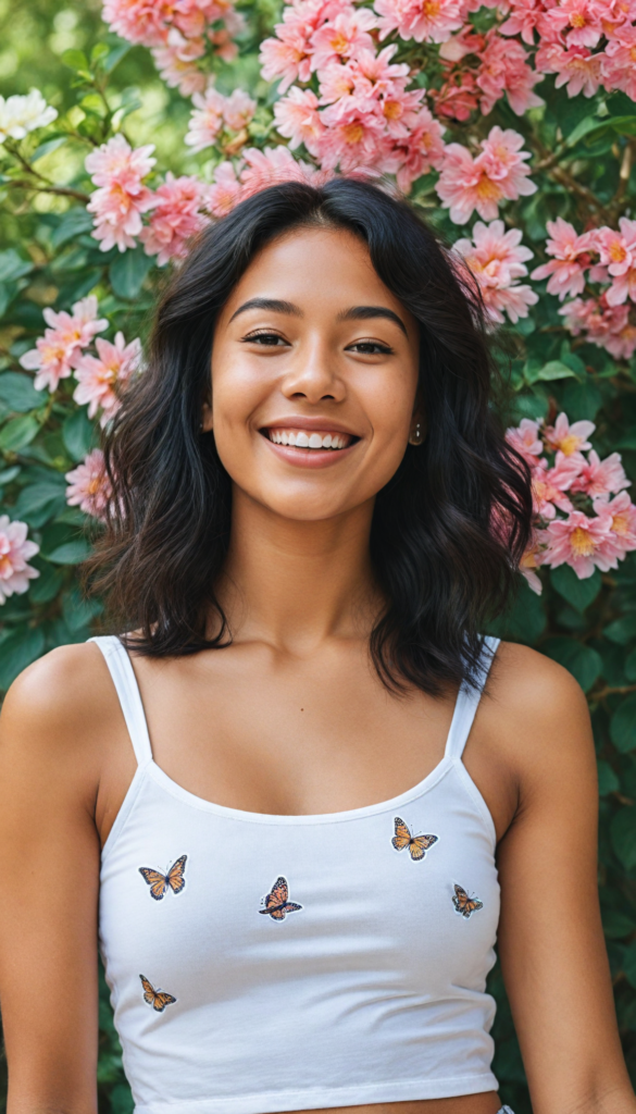 a vibrant portrait of a brown-skinned teen girl radiating joy with a beaming, sunny smile, dressed in a chic, fitted white crop tank top that elegantly highlights her beautiful curves, surrounded by a dreamy, pastel background filled with blooming flowers and butterflies, her long, straight black hair flowing like silk in a gentle breeze, capturing the essence of youthful exuberance and confidence, styled in the manner of contemporary pop-art with bright colors and bold outlines, reminiscent of artists like Yayoi Kusama or Keith Haring