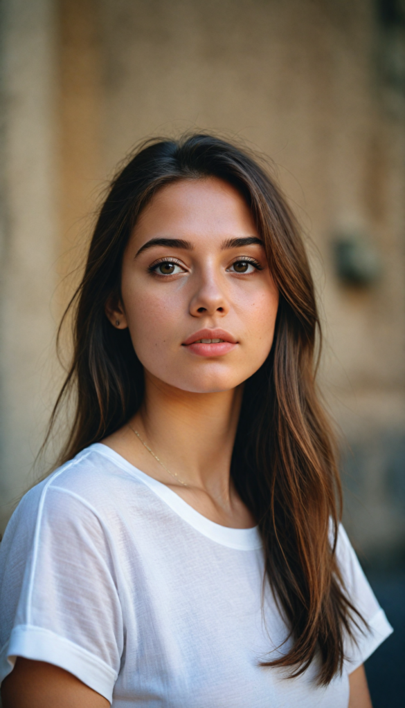 a beautifully realistic portrait, cinematic lights, Exotic teen girl, realistic detailed angelic round face, (realistic detailed eye) look at the camera, portrait shot, (wears a short (white t-shirt), white background, side perspective, (cute), (elegant), (attractive), (long, straight soft brown hair), (stunning)