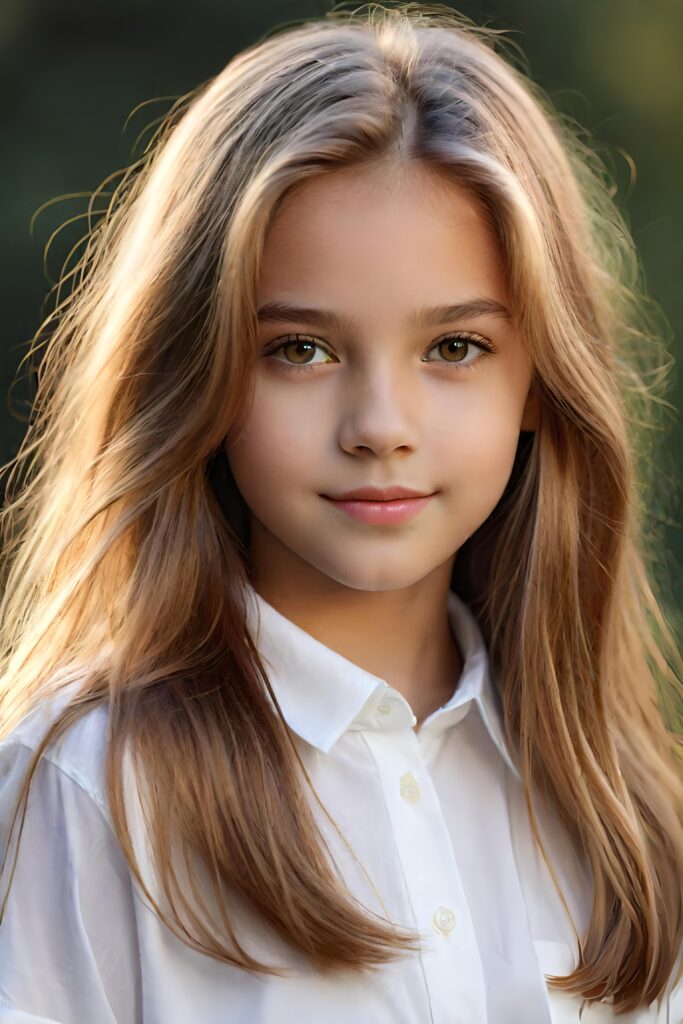 super realistic, detailed portrait, a beautiful young girl with long hair looks sweetly into the camera. She wears a white shirt.