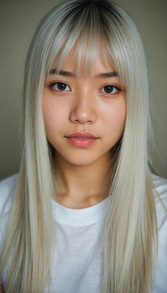 (portrait), detailed, (Asian young cute girl), long straight platinum hair, bangs cut, white t-shirt