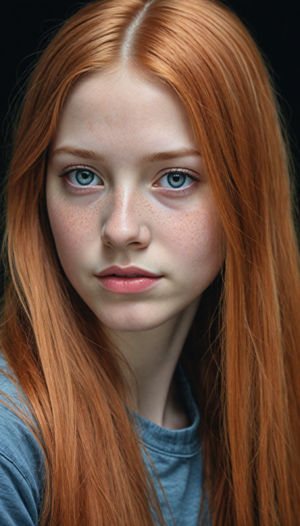 (portrait), detailed pencil drawing, silvery-skinned (young teen girl), long straight red hair (black background)