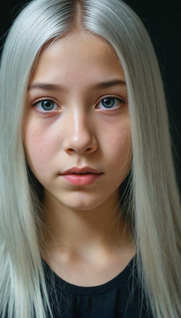 (portrait), detailed, silvery-skinned (young girl), long straight platinum hair, (black thin and short dress)