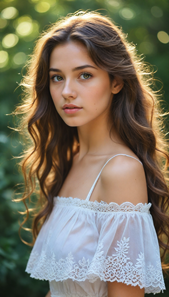 a hyper-realistic portrait of a captivating young girl with flowing waves of silky hair cascading down her shoulders. She gazes sweetly into the camera, exuding charm and innocence. Her outfit features a delicate white crop top adorned with intricate lace details, hinting at a dreamy summer vibe. The background is softly blurred with hints of pastel floral patterns, creating an ethereal atmosphere, reminiscent of a whimsical fairy tale. Sunlight gently illuminates her face, highlighting her sparkling eyes and soft features, while a sprinkle of magical dust floats in the air, enhancing the enchanting scene.