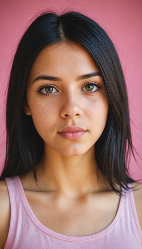 realistic and detailed portrait from a (cute teen emo girl with long, soft black straight hair framing her face in gentle waves) and amber eyes, full lips, (wears a no printed short form-fitting pink tank top), against a (sunny backdrop)