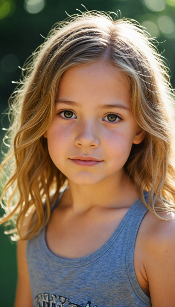 a (detailed and realistic photo), capturing a (very cute young girl), with long, flowing, messy soft brown-blonde hair, wearing a (tank top), all against a backdrop of a (beautiful, sunny day in nature)