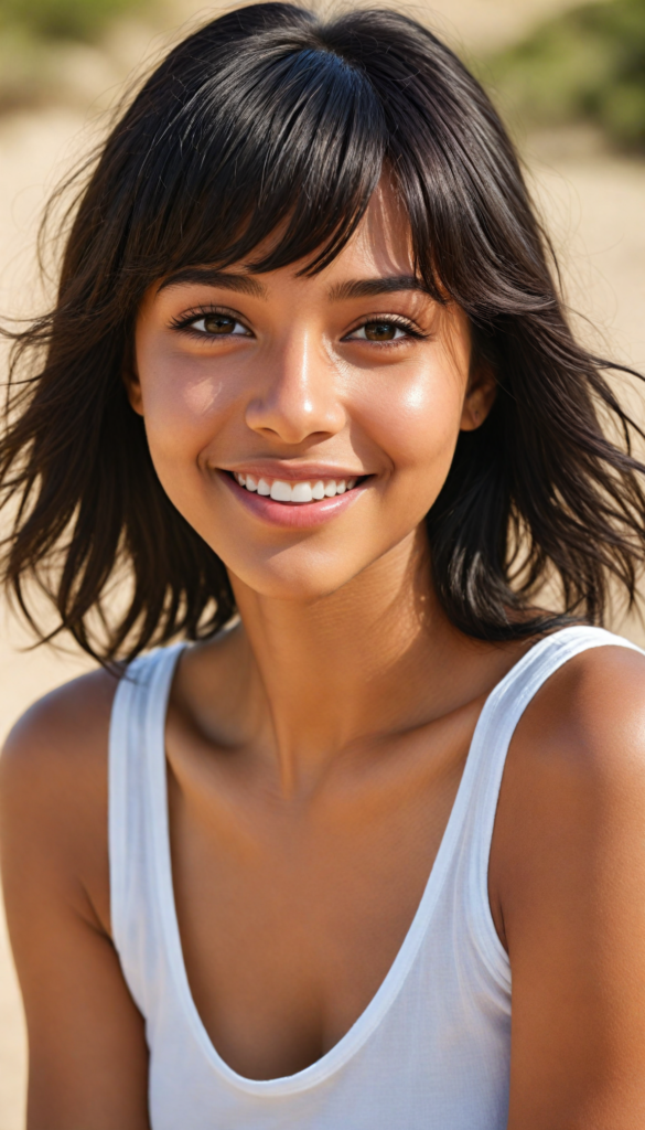 a captivating close-up portrait of a young brown-skinned girl with an enchanting smile, her softly straight black hair gracefully cascades around her face, accentuated by delicate side bangs. The composition embraces both her full lips and her confident poise, revealing her perfect, curvaceous form. She dons a flowing, ethereal white tank top that subtly contrasts with the warm tones of the sunlit desert landscape, where golden sands create a dreamy backdrop. The lighting casts a soft halo around her, adding a touch of magic and warmth to the scene, reminiscent of a contemporary impressionist painting captured in vivid colors.