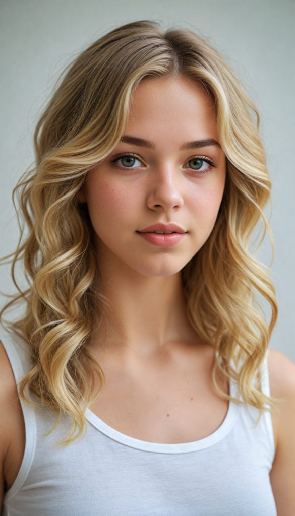 a (beautifully drawn full body portrait) of a (young teen girl with long, jet straight summer blond hair), capturing a (stunningly realistic) curl pattern, advanced facial features that exude cuteness, like (baby-doll eyes), a cropped bang haircut that frames her face, hair color that mimics (hazelnut) tones, a detailed yet angelic complexion, looking directly into the camera, a (side profile portraits), with impeccably drawn curves and contours that match her figure, against a (softly contrasting white backdrop), a short, sleeveless top and super short, cuffed pants that accentuate her (flawless anatomical proportions)