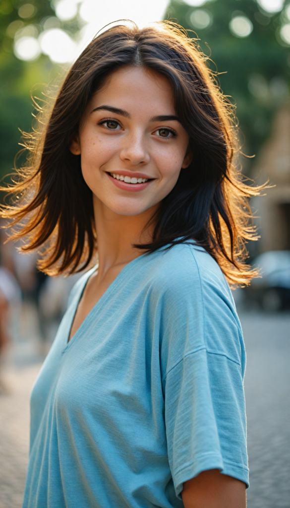 a stunningly detailed and lifelike portrait of a whimsical teen girl with flowing, straight obsidian black hair cascading over her shoulders, expressive brown eyes that sparkle with curiosity, and soft, full lips that seem to hold a playful secret. Her face is illuminated by soft, golden sunlight, highlighting the delicate freckles dancing across her cheeks. She has an enchanting aura, radiating warmth and positivity, dressed in a cozy, oversized light blue t-shirt that drapes effortlessly over her perfect, graceful figure. A subtle smile graces her lips, inviting a sense of joy and wonder as she stands against a dreamy, softly blurred pastel background, reminiscent of an impressionist painting.