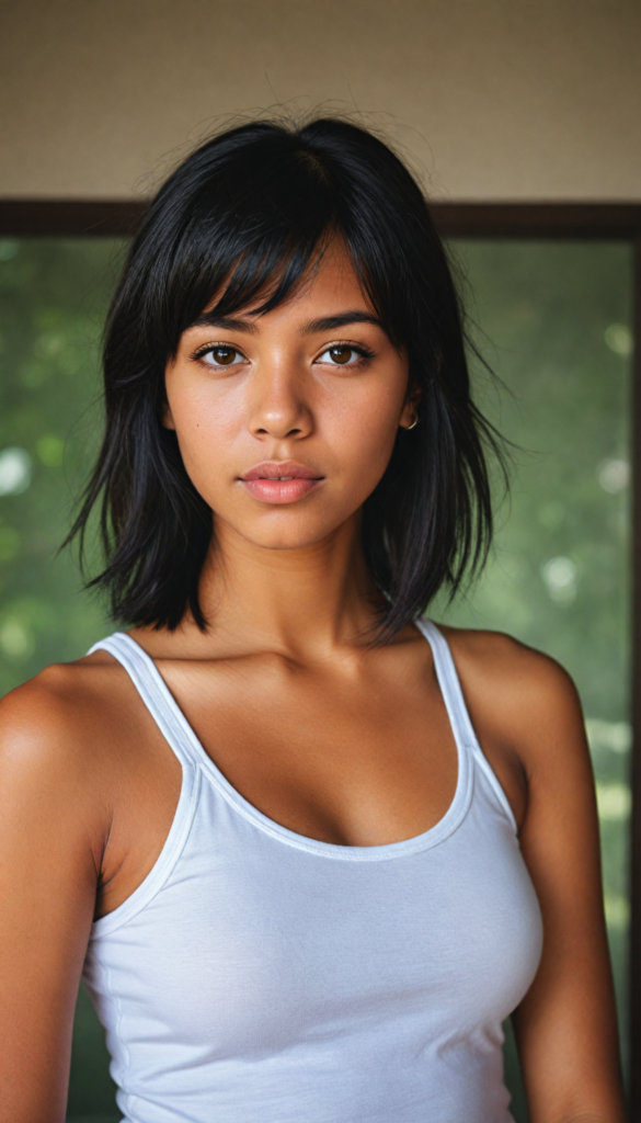 a beautifully upper-body portrait (brown-skinned young well busty teen girl) with softly (straight black hair) framing her face in side bangs, full lips, she wears a white tank top, perfect curved body, in a dessert