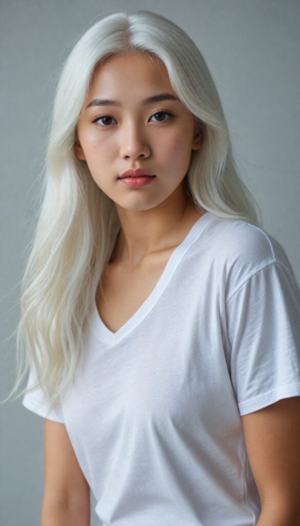 a breathtakingly (realistic portrait), capturing the essence of youthful beauty, featuring a (Asian teen girl) who exudes (serene elegance), with long, flowing (straight platinum white hair), and a (flawlessly detailed angelic face), where her (soft, realistic hazelnut eyes), she is clad in a white T-shirt, with flawless anatomical proportions that draw the eye, against a (subtle, uncluttered backdrop of white). The overall atmosphere evokes a (cinematic sophistication) that exudes timeless appeal