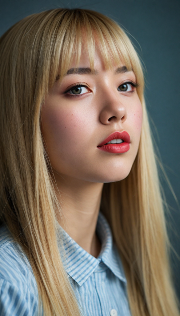 create a detailed and masterpice of (side view) portrait: a Japanese girl, long blond soft straight hair, bangs, she looks astonished and her mouth is slightly open, (her eyes are light blue) (full red lips) (round face) perfect shadows and light