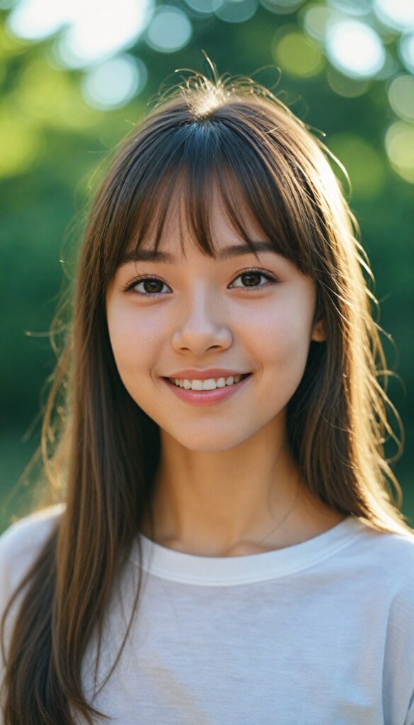 a detailed and realistic photo from a (cute) Asia teen girl (long, straight light brown hair, bangs), (stunning), beautifully realistic, cinematic lights, realistic detailed angelic round face, (realistic detailed amber eye) looks happy at the camera, perfect curved body, (wears a super short tight (white t-shirt)), perfect anatomy, side perspective, against a sunny green backdrop