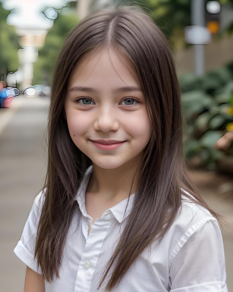 perfect portrait, very cute young girl, white shirt, smile, detailed straight hair, brown eyes