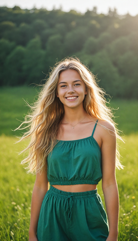 a beautiful, sweet teen girl stands on a green meadow, smile very happy, long messy flowing summer blonde hair, (short spandex crop top), sunny background