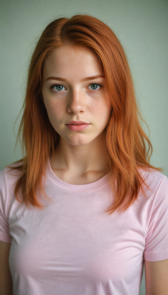 a innocent (red-haired teen girl), straight hair, wears a light pink thin form-fitting t-shirt