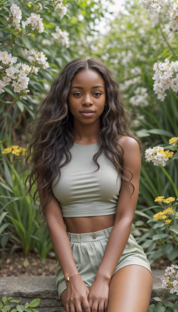 a captivating portrait of a joyful young woman with deep, rich melanin skin radiating warmth. She sports long, flowing straight blonde hair that gleams like silk in the sunlight, contrasting beautifully with her vibrant features. Dressed in a chic grey crop top, she sits against a backdrop of an ethereal garden filled with vivid flowers and whimsical plants, their colors popping against her attire. Delicate butterflies flutter around her, adding a sense of magic, while a soft bokeh effect blurs the background, drawing focus to her radiant smile and sparkling eyes. The art style combines elements of hyperrealism and impressionism, reminiscent of Claude Monet's vibrant colors blended with the striking detail of Kehinde Wiley