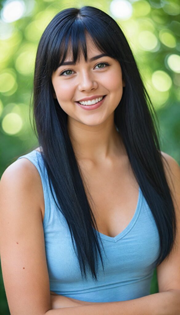 a portrait of a young chubby girl with (silky smooth, straight long dark blue obsidian soft detailed hair, bangs). Her very long hair falls over her shoulders and covers her upper body. She has sparkling, light blue eyes and a charming smile white teeth, full kissable lips, (she wears a tight, form-fitting short violet empty tank top with deep v-neck), all against a sunny green backdrop