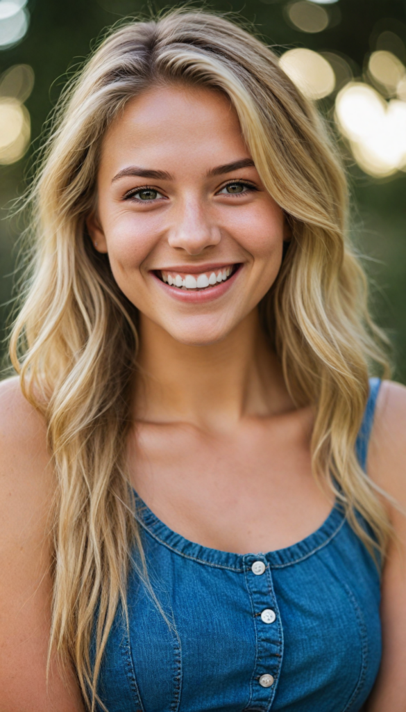 a beautifully detailed portrait, highlighting the upper body of a youthful girl with a flawless figure, dressed in a (low-cut crop top), smile very happy, white teeth, detailed round face, long straight summer blond hair