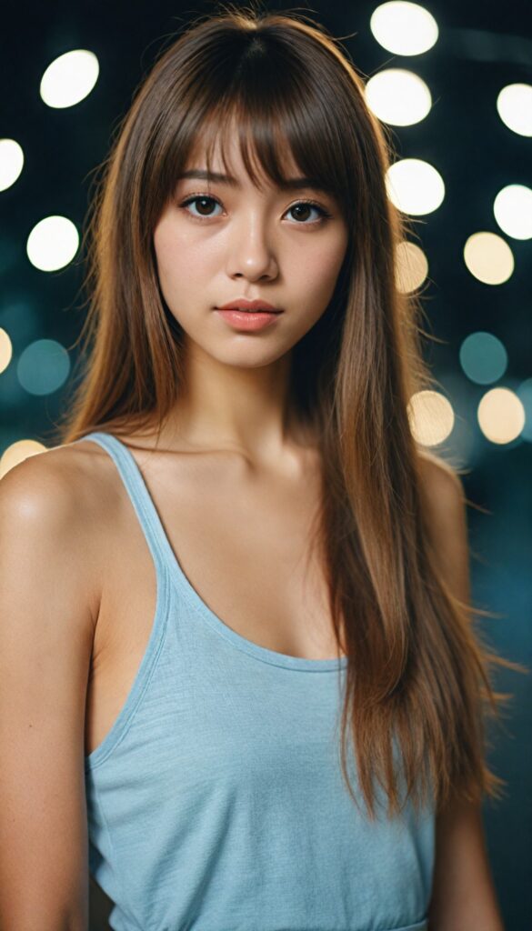 (portrait) of (cute) (elegant) (attractive) (long, straight hazelnut hair) (stunning) a beautifully realistic, cinematic lights, Japanese teen girl, bangs cut, realistic detailed angelic round face, (realistic detailed hazelnut eye) looks sadly at the camera, portrait shot, perfect curved body, (wears a super short tight (tank top)), perfect anatomy, side perspective